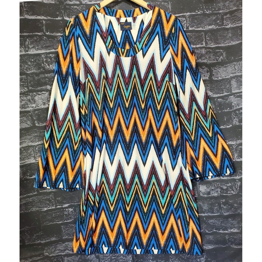 Just Taylor Dress Womens 10 Chevron Zig Zag Bell Sleeve Shift Blue Orange Multi